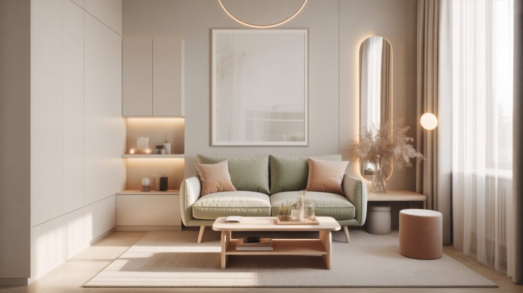 klei­ne Wohnung einrichten in hellem Farbkonzept mit filigranem Sofa, Spiegel und minimalistischer Deko für mehr Raumgefühl