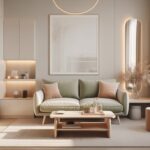 klei­ne Wohnung einrichten in hellem Farbkonzept mit filigranem Sofa, Spiegel und minimalistischer Deko für mehr Raumgefühl