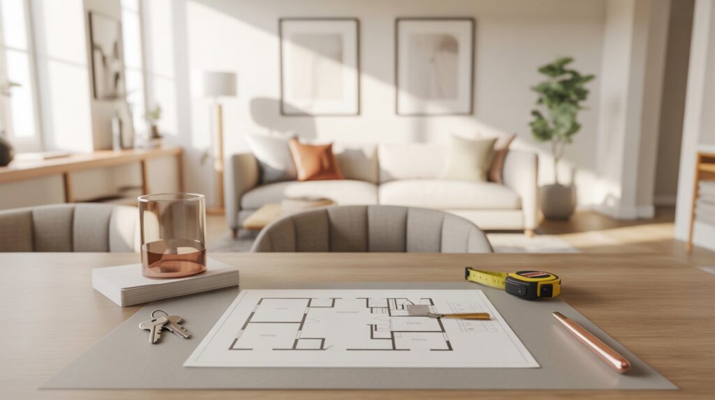 „Minimalistischer Tisch mit aufgefaltetem Grundriss, rose-goldenem Stift und Wohnungs­schlüssel, umgeben von einem modernen Wohnzimmer in Creme und Beige. Darstellung der Grundriss-Prüfung bei möblierter Vermietung.“