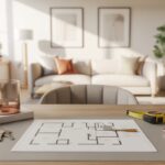 „Minimalistischer Tisch mit aufgefaltetem Grundriss, rose-goldenem Stift und Wohnungs­schlüssel, umgeben von einem modernen Wohnzimmer in Creme und Beige. Darstellung der Grundriss-Prüfung bei möblierter Vermietung.“