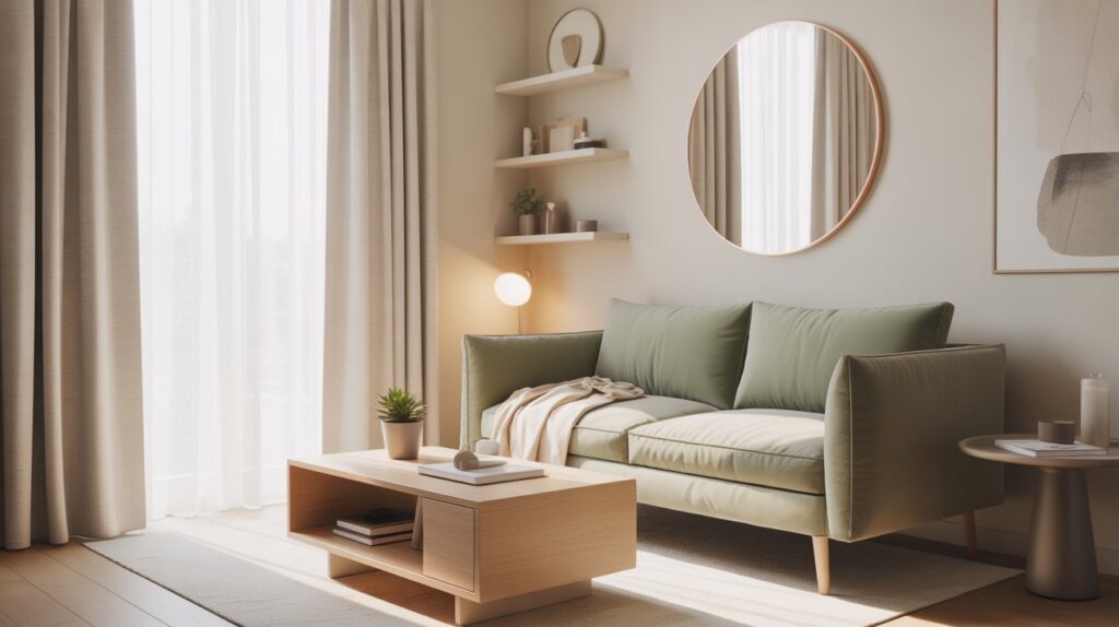 Farbkonzept für kleine Wohnung einrichten mit Cremeweiß, Beige, Hellgrau, Roségold und Salbeigrün