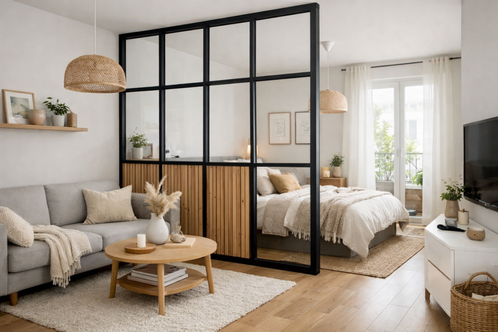 Raumtrenner Regal in kleiner Einzimmerwohnung