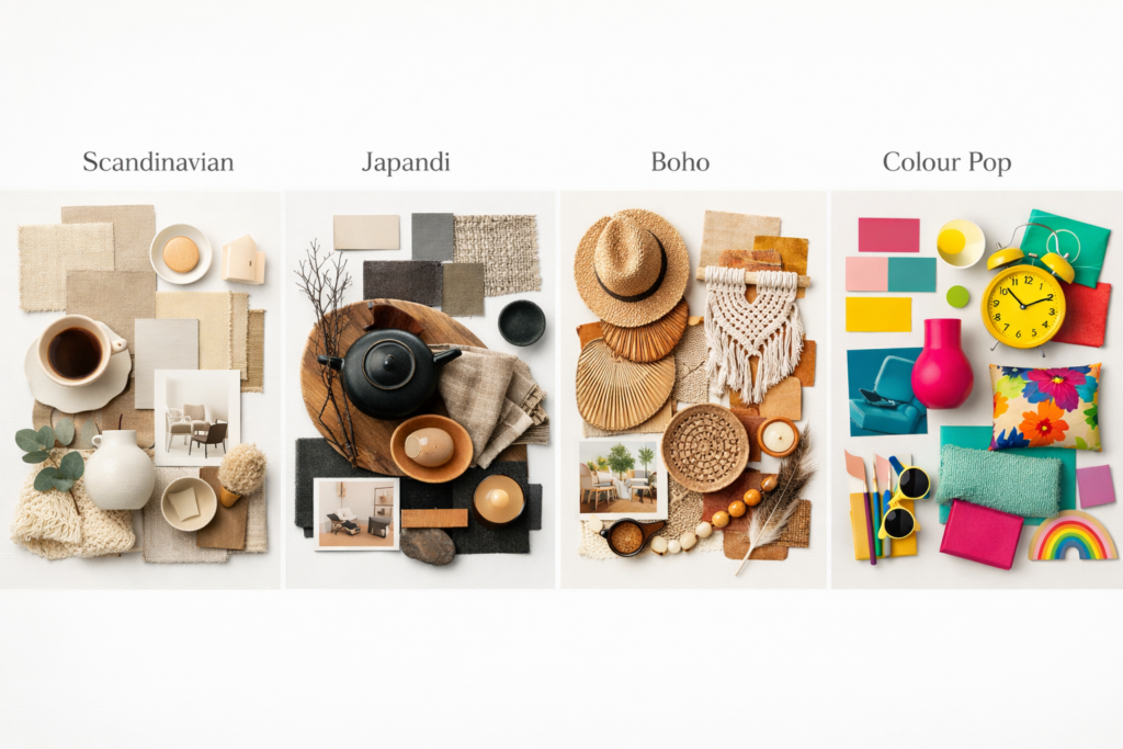 zeigt eine collage aus 4 verschiedenen mooadboards und einrichtungsstilen: scandinavian, japandi, boho und colour pop