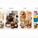 zeigt eine collage aus 4 verschiedenen mooadboards und einrichtungsstilen: scandinavian, japandi, boho und colour pop