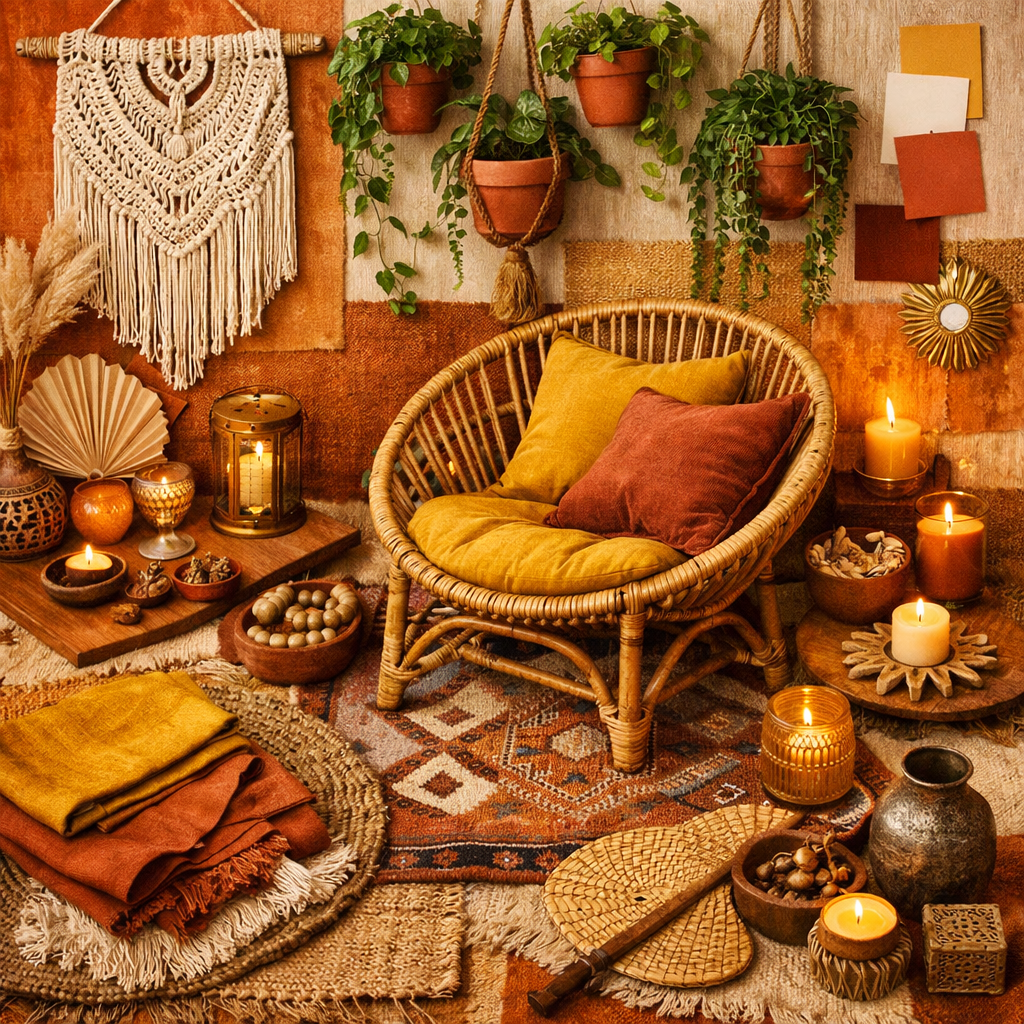 boho mpodboard besipiel mit rattan seesel, senfgelben accessoires, Hängepflanzen, Kerzen, bunten Teppichen.