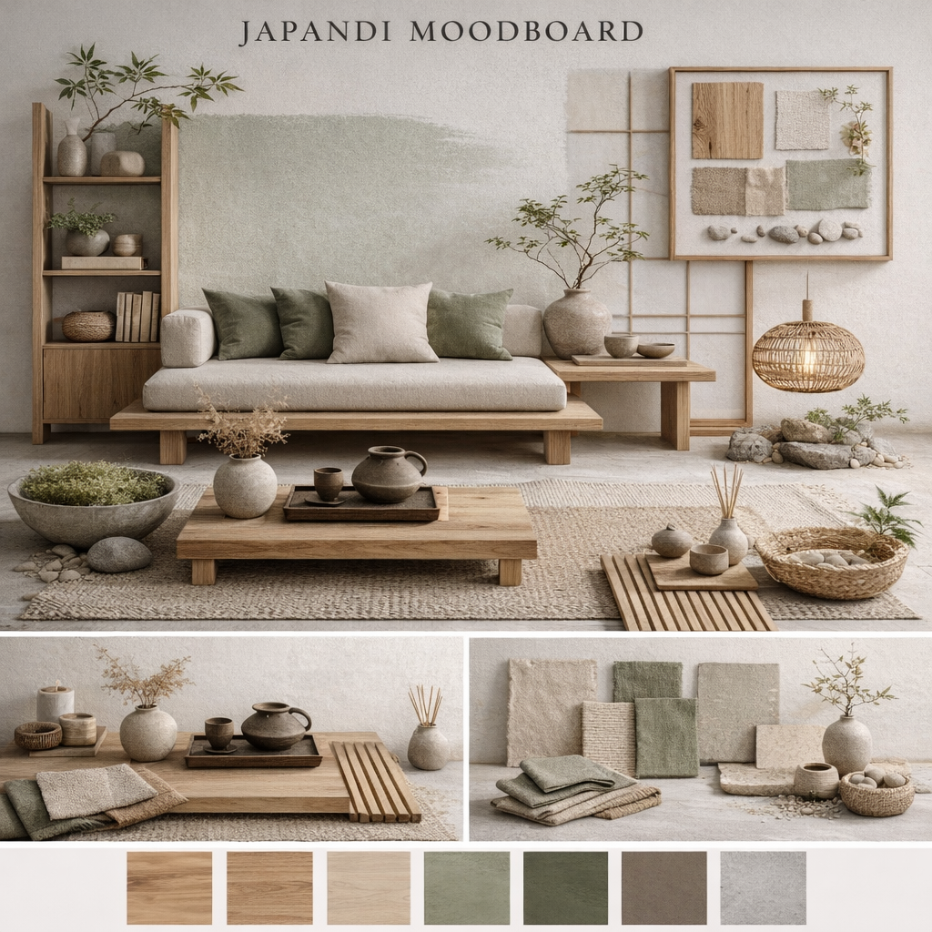 apandi-Flat-Lay-Moodboard auf weißem Hintergrund, Sammlung von Stoffmustern und kleinen Objekten, ordentlich angeordnet, dunkles Walnussholz-Muster, greigefarbene Leinenstoffprobe, kleine mattschwarze Keramikschale, einzelner getrockneter Stiel in Sandfarbe, glatter Flussstein, dünnes schwarzes Metalldetail, Bambus-Texturmuster, warmer taupefarbener Farbchip, Bonsai, minimalistische und bewusste Komposition, japanische Teekanne