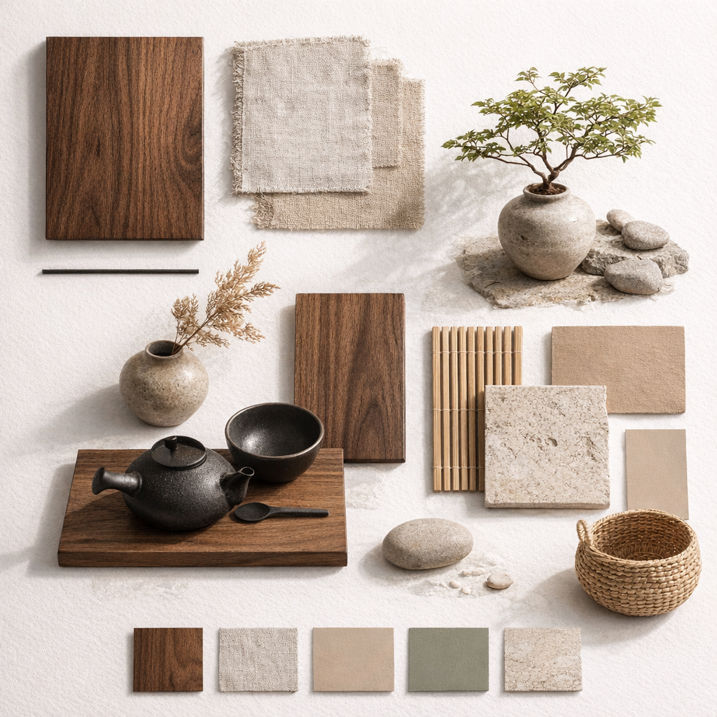 Japandi-Flat-Lay-Moodboard auf weißem Hintergrund, Sammlung von Stoffmustern und kleinen Objekten, ordentlich angeordnet, dunkles Walnussholz-Muster, greigefarbene Leinenstoffprobe, kleine mattschwarze Keramikschale, einzelner getrockneter Stiel in Sandfarbe, glatter Flussstein, dünnes schwarzes Metalldetail, Bambus-Texturmuster, warmer taupefarbener Farbchip, Bonsai, minimalistische und bewusste Komposition, japanische Teekanne

