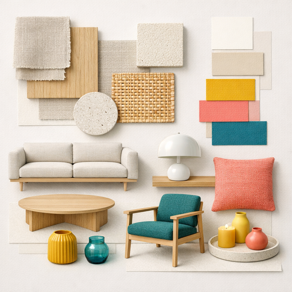 Interior Design Moodboard im Colour-Pop-Stil mit neutraler Basis in Weiß und Beige, kombiniert mit Akzentfarben wie Senfgelb, Petrol und Rosa, inklusive Materialmustern aus Holz, Leinen und Keramik sowie Möbel- und Deko-Elementen wie Sofa, Kissen, Vase und Lampe in moderner, skandinavisch inspirierter Gestaltung.“