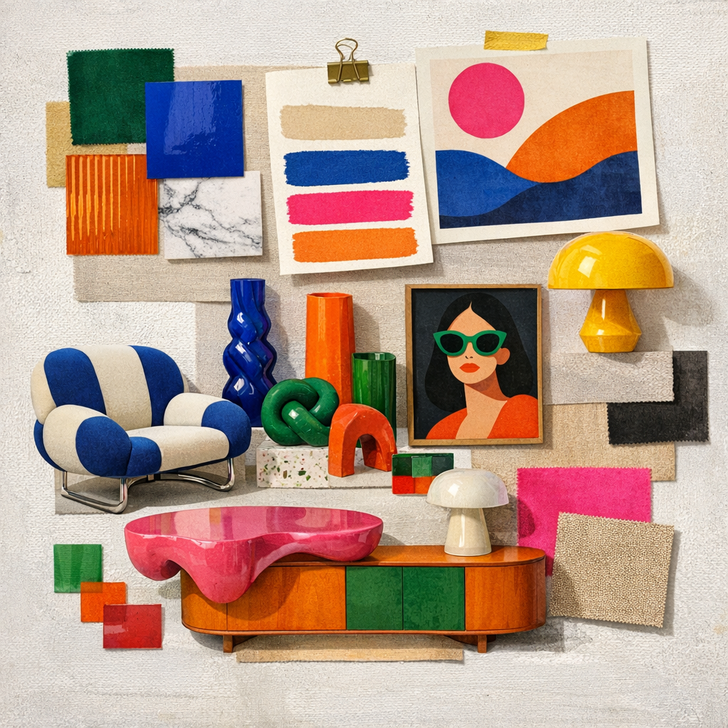 Editorial Interior Design Moodboard im Colour-Pop-Stil mit neutraler Basis und kräftigen Akzentfarben wie Kobaltblau, Pink, Orange und Smaragdgrün, kombiniert mit Materialien wie Samt, Marmor und Glas sowie modernen Möbel- und Deko-Elementen in einer kreativen, collageartigen Anordnung.“