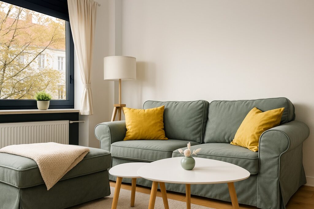 Wohnstile kleine Wohnung: Auszug eine Couchecke mit Stehlamper und Couchtischen im Scandilook mit farbelementen, senfgelebe Kissen und mintgrünes sofa.